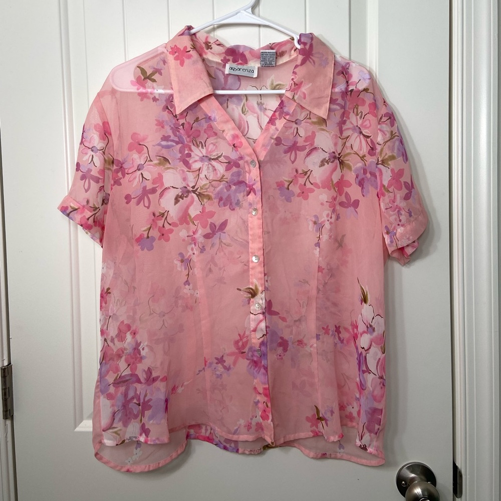 Vintage Apparenza women’s pink sheer floral button down short‎ sleeve shirt XL